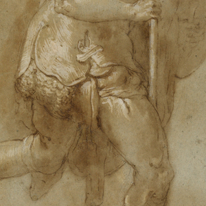 Drawing, Soldier Running :Study for Figure in Left Foreground, "Betrayal of Christ," Rome, S. Maria della Consolazione, Matttei Chapel; Separate Studies of Two Heads, mid-16th century, before 1566