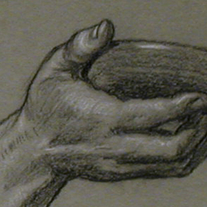 Drawing, detail of forearm and hand holding circular object, ca. 1885
