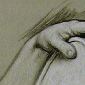 Drawing, study of left hand resting on a circular object, ca. 1885