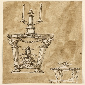Drawing, Design for a Console Table with Candlestick and a Bed, ca. 1790