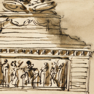 Drawing, Fortified corner block of a long colonnaded structure
