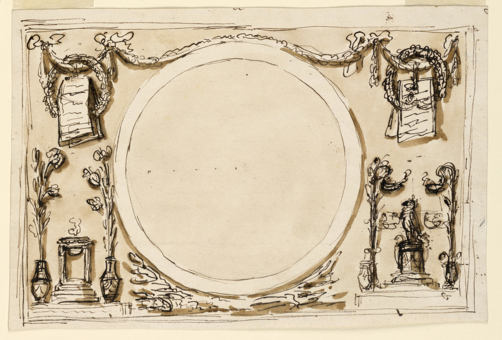 Drawing, Design for Overmirror Decoration, Blank Roundel with Grotesques, for the Noble Cabinet of the Palazzo Altieri