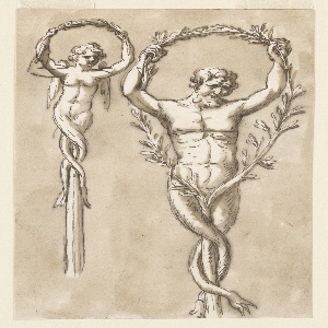 Drawing, Two figures as crests of poles