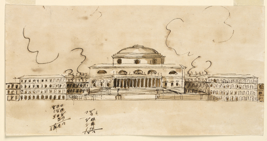 Drawing, Grandiose building with domed central block and projecting wings