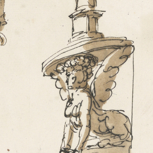 Drawing, Five console tables, three with candlesticks