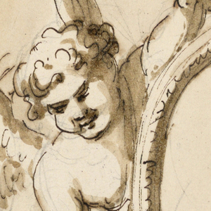 Drawing, Oval frame supported by two angels