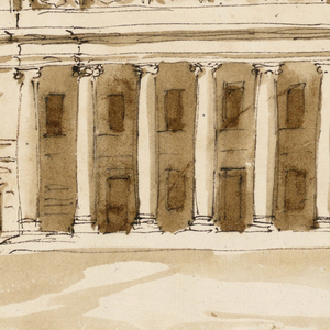 Drawing, Facade of a large palace with columned portico