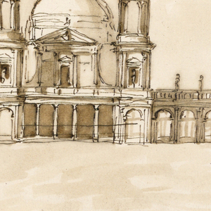 Drawing, Elevation of a church flanked by two houses