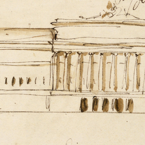 Drawing, Front and side elevations of a palace