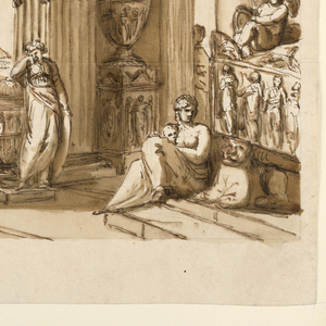 Drawing, Interior of antique building with outlook