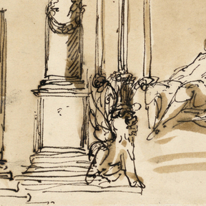 Drawing, Lighting fixtures; a plan; two men at a table