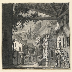 Drawing, Stage Design: Village in Hilly Landscape, early 19th century