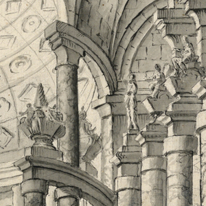 Drawing, Stage Design: Hall with Coffered Ceiling and Urns, late 17th century