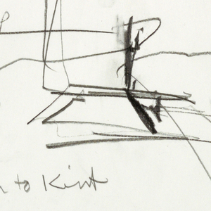 Drawing, Design for King Lear, Scene II: Study with Tall Chair, Long Bed, and Artist