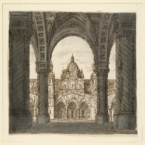 Drawing, Stage Design, Church Facade from a Loggia, early 19th century