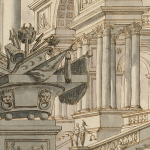 Drawing, Stage Design: Stairway Leading to an Obelisk, a Triumphal Arch, and an Arcade, ca. 1720