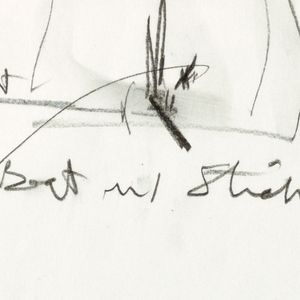 Drawing, King Lear, Scene II: Study in three sketches with tall chair and artist