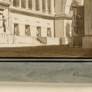 Drawing, Stage Design: Exterior of Palace, Sepulchral Hall, early 19th century