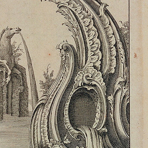 Print, Cartouche and Fountain with a Vase Resting on Three Sea Horses, 1738