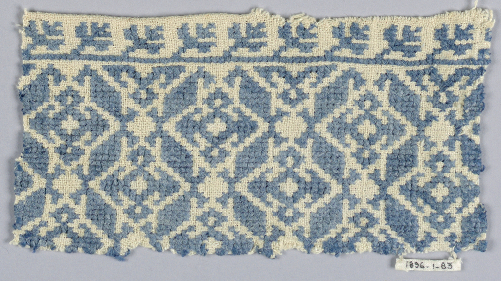 A horizontal textile fragment featuring a vertical geometric pattern descending from a top border of stylized leaves, both in cream and light, faded blue. The top border is a repeating pattern of three-leafed stems. Below this small border is a complex pattern of vertical bands, superimposed with repeating squares, each positioned with their corners pointing top to bottom and left to right. Each square formally consists of triangular structures as the corners, each extending from a circular form at the center. This pattern features blue shapes, outlines in white, on a blue background.