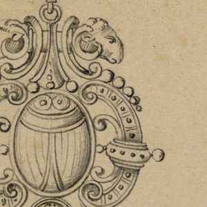 Drawing, Design for a pendant and earring with ram