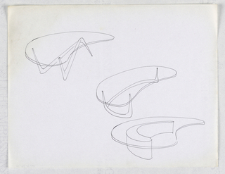 Drawing, Three Studies for Tables with Transparent Kidney-Shaped Tops and Variant Biomorphic Pedestals