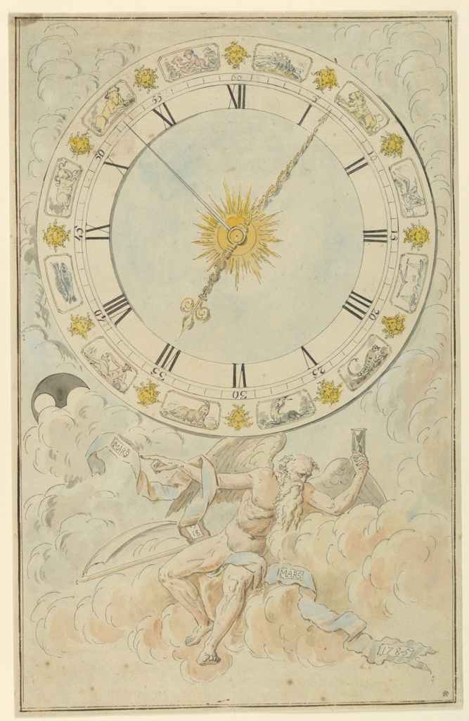 Drawing, Clock face with the signs of the zodiac