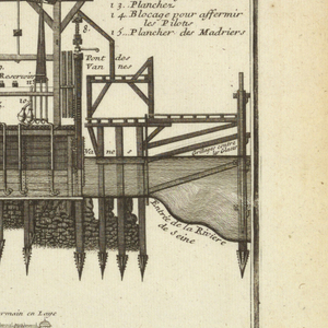 Print, The Machine de Marly:  Section and Aerial View, ca. 1700