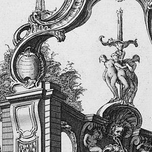 Print, Cartouch and Fountain with Three Graces, 1738
