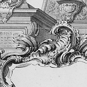 Print, Cartouche with Trophies, a Statue and a Pyramid, 1738