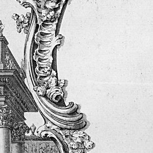Print, Cartouche placed in front of a Pedestal with Buildings in the Background, 1700–1775
