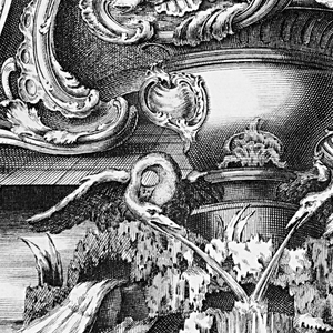 Print, Fountain with a cartouche and buildings, 1700–1775