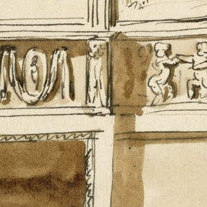 Drawing, Lower part of wall with a fireplace