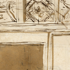 Drawing, Coffered ceiling, panels, door and adjoing wall