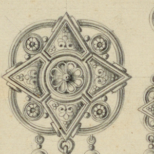 Drawing, Designs for two earrings and two brooches, ca. 1875