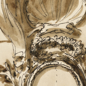 Drawing, Oval frame for the facade of a house, with lantern beneath