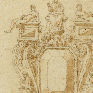 Drawing, Design for brooch with octagonal diamond and three figures, 16th century