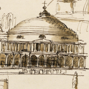 Drawing, Fountain; elevation of a church