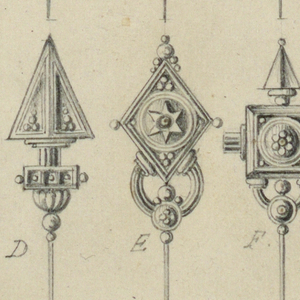 Drawing, Designs for six pins, ca. 1868