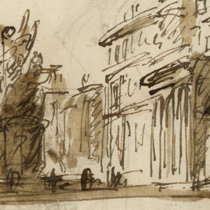 Drawing, Square with a fountain