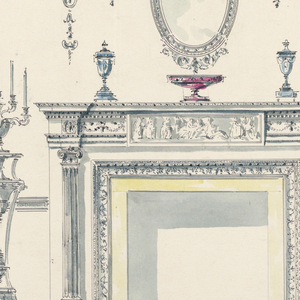 Drawing, Elevation of a wall with fireplace and door, 19th century
