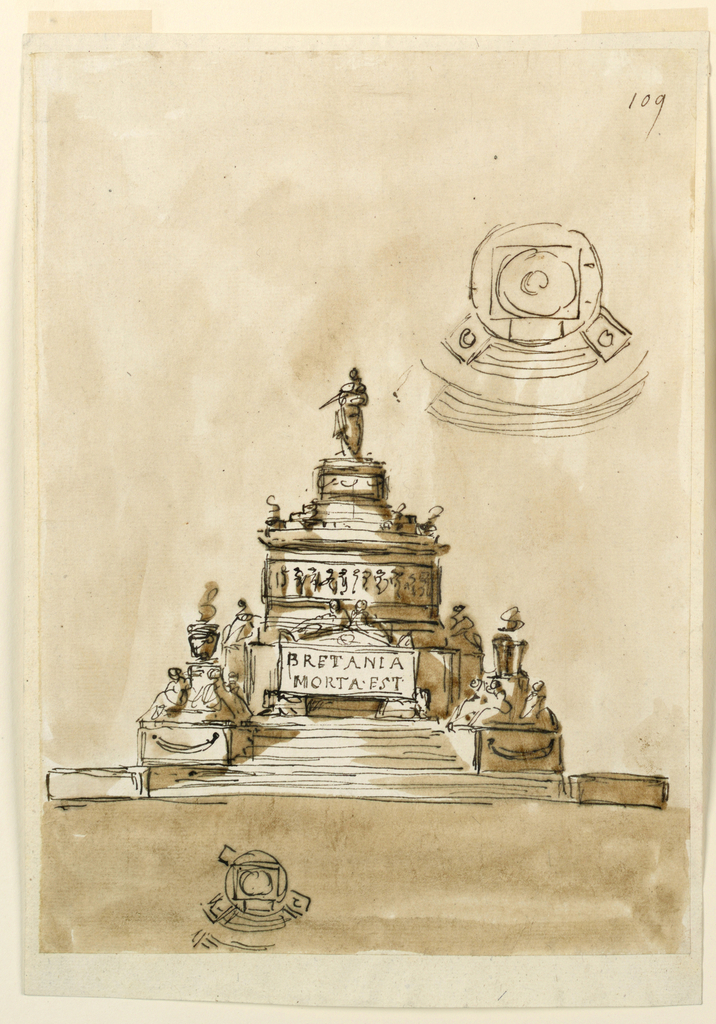 Drawing, Design for the Elevation of a Sepulchral Monument, Probably for the Young Pretender Charles Edward Stuart (died 1788)