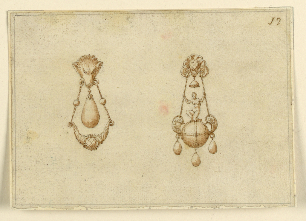 Drawing, Design for two pendants with boar's head and hanging bell