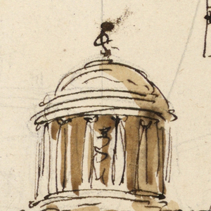 Drawing, Gateway and a fountain
