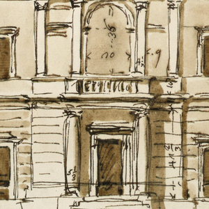 Drawing, Elevation of a building with a tower
