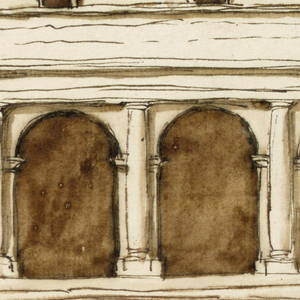 Drawing, Low building with triple-ordered arcade
