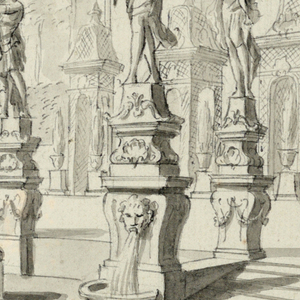 Drawing, Stage Design: Garden Architecture with Fountain and Sculptures, ca. 1700