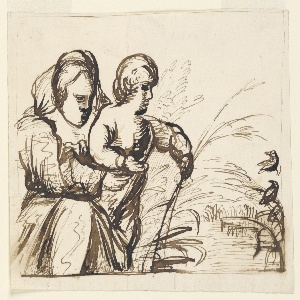 Drawing, Woman and Child Watching Birds, 19th Century