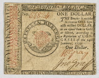 Print, Continental Currency, One Dollar, Issued by Congress on 14th January 1779, No. 54826