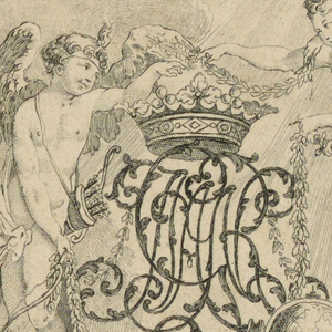 Print, Etching. The Graces and Cupid decorating two crowned chiffres. Dedicatory illustration of the "Dictionnaire de chiffres.", 1767